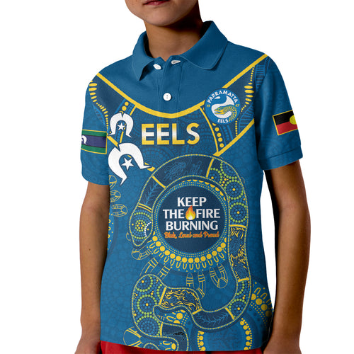 Custom NRL Eels NAIDOC Week Kid Polo Shirt Keep The Fire Burning Indigenous Art