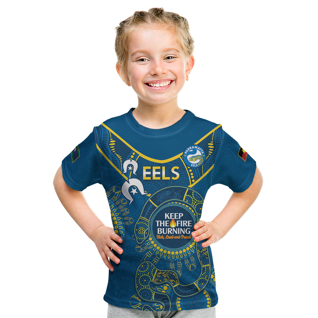 Custom NRL Eels NAIDOC Week Kid T Shirt Keep The Fire Burning Indigenous Art