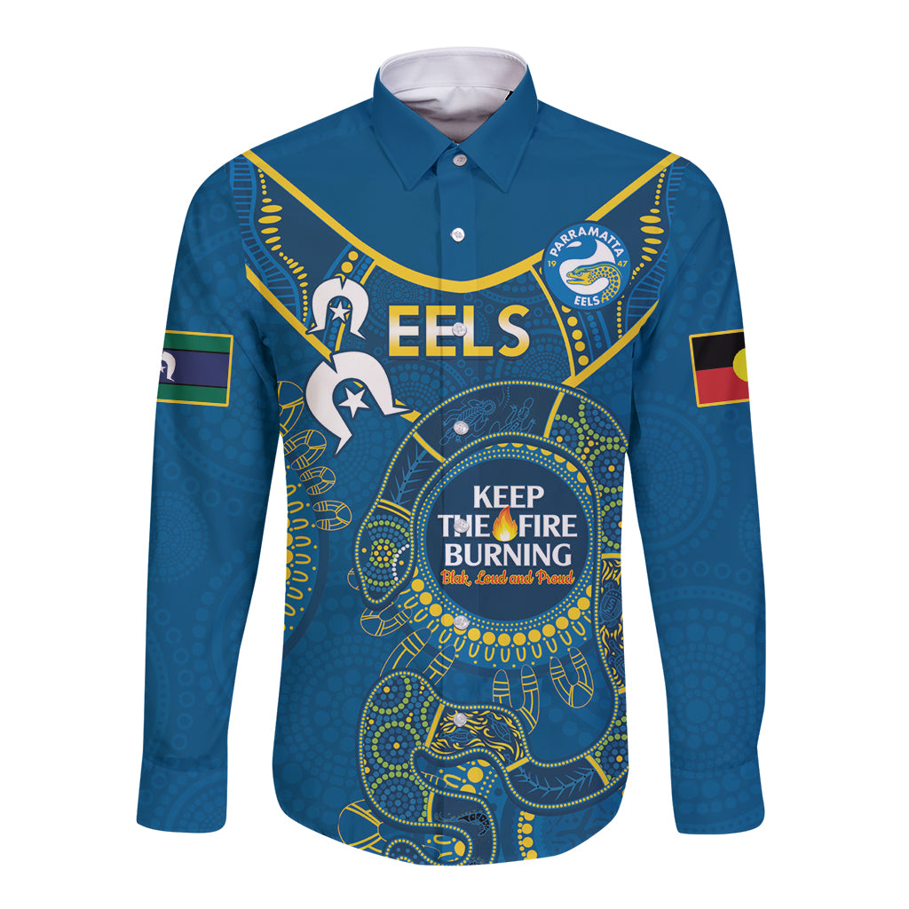 Custom NRL Eels NAIDOC Week Long Sleeve Button Shirt Keep The Fire Burning Indigenous Art