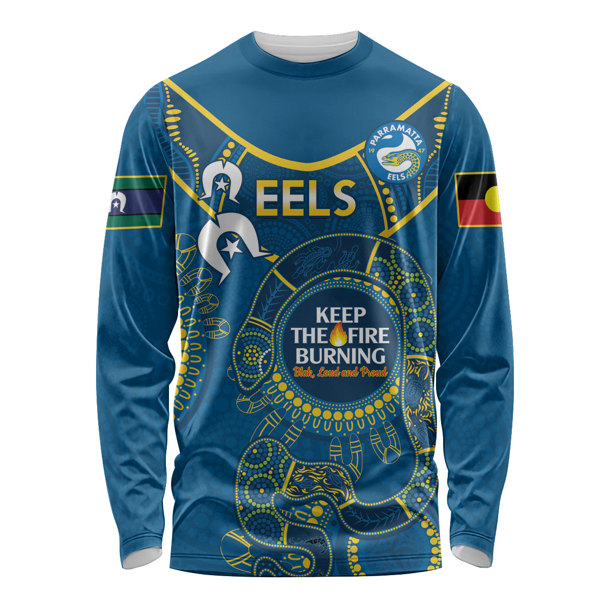 Custom NRL Eels NAIDOC Week Long Sleeve Shirt Keep The Fire Burning Indigenous Art