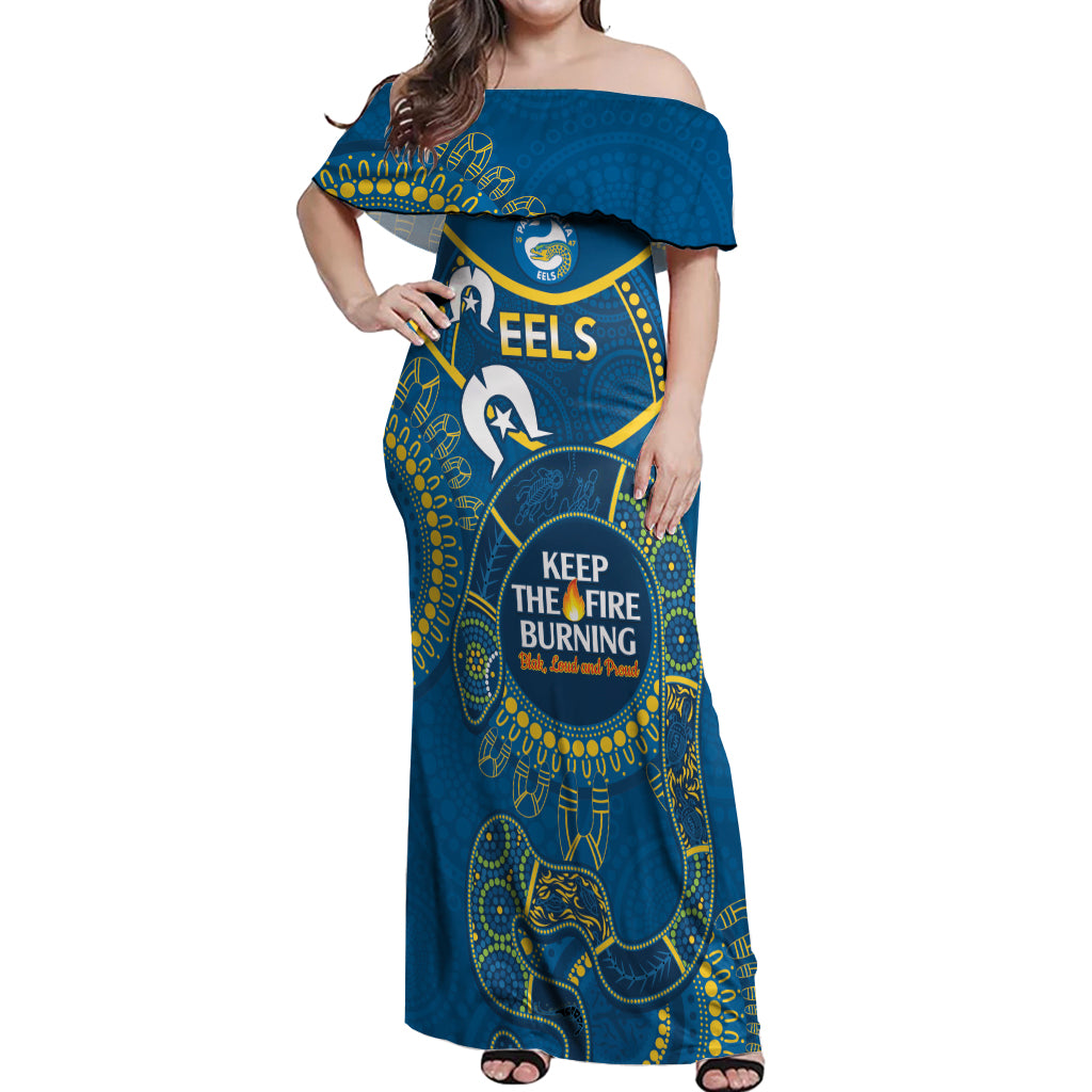 Custom NRL Eels NAIDOC Week Off Shoulder Maxi Dress Keep The Fire Burning Indigenous Art