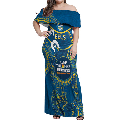 Custom NRL Eels NAIDOC Week Off Shoulder Maxi Dress Keep The Fire Burning Indigenous Art