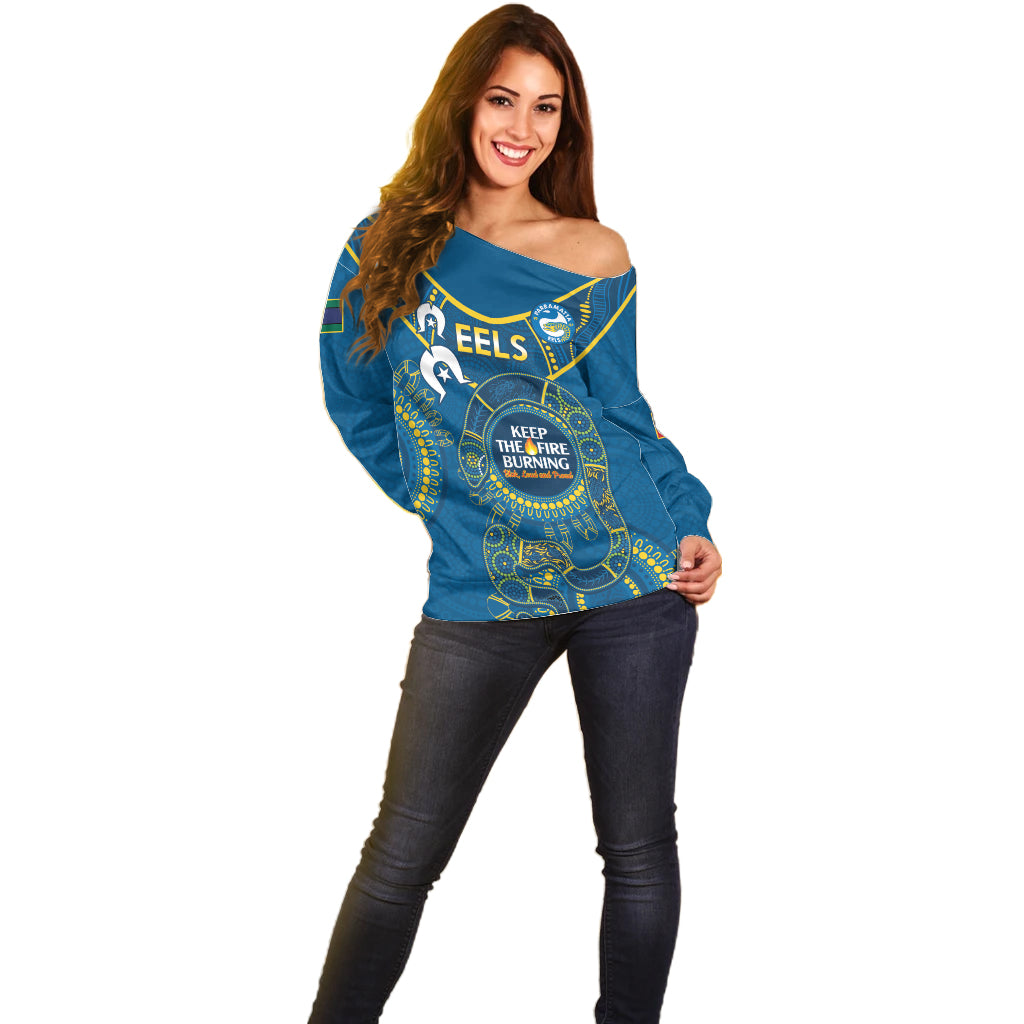 Custom NRL Eels NAIDOC Week Off Shoulder Sweater Keep The Fire Burning Indigenous Art