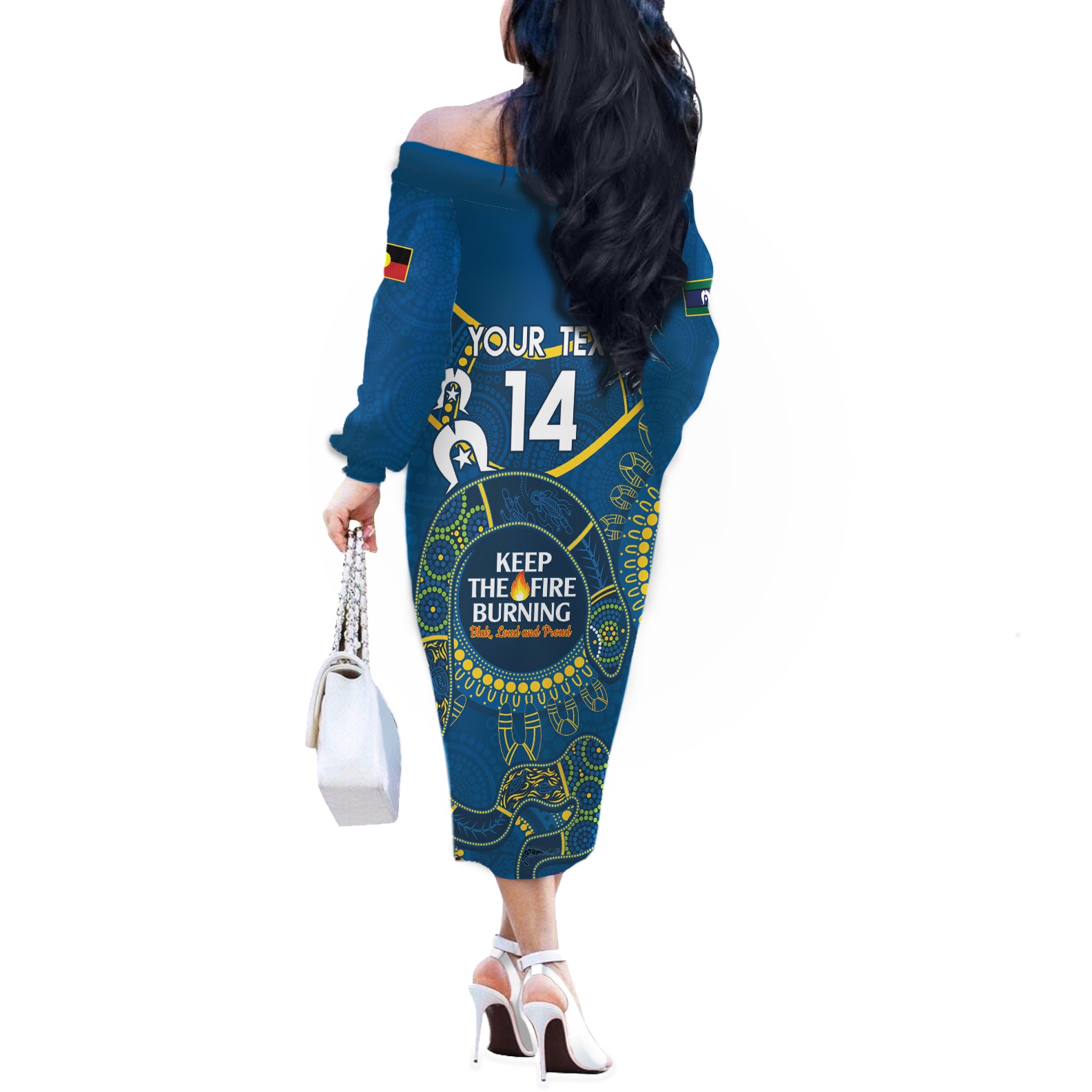 Custom NRL Eels NAIDOC Week Off The Shoulder Long Sleeve Dress Keep The Fire Burning Indigenous Art