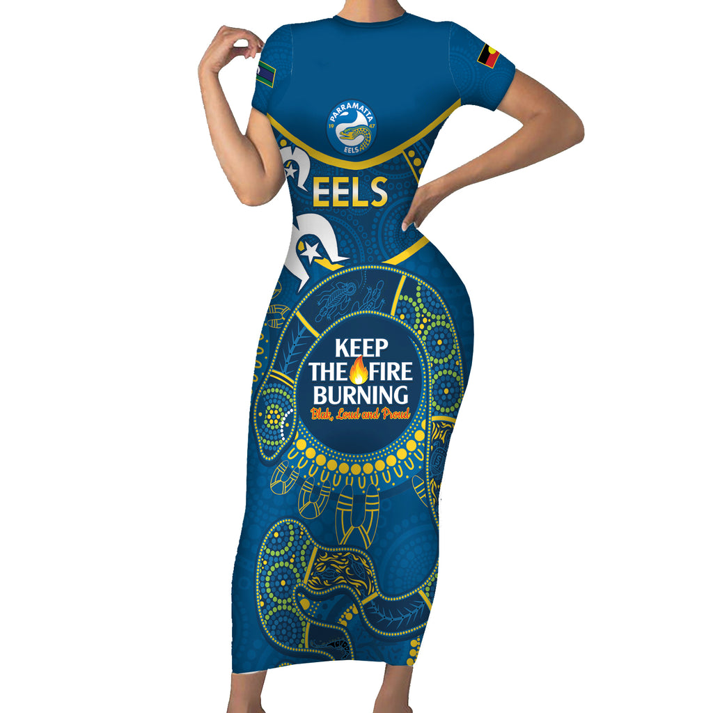Custom NRL Eels NAIDOC Week Short Sleeve Bodycon Dress Keep The Fire Burning Indigenous Art