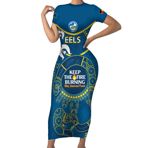 Custom NRL Eels NAIDOC Week Short Sleeve Bodycon Dress Keep The Fire Burning Indigenous Art