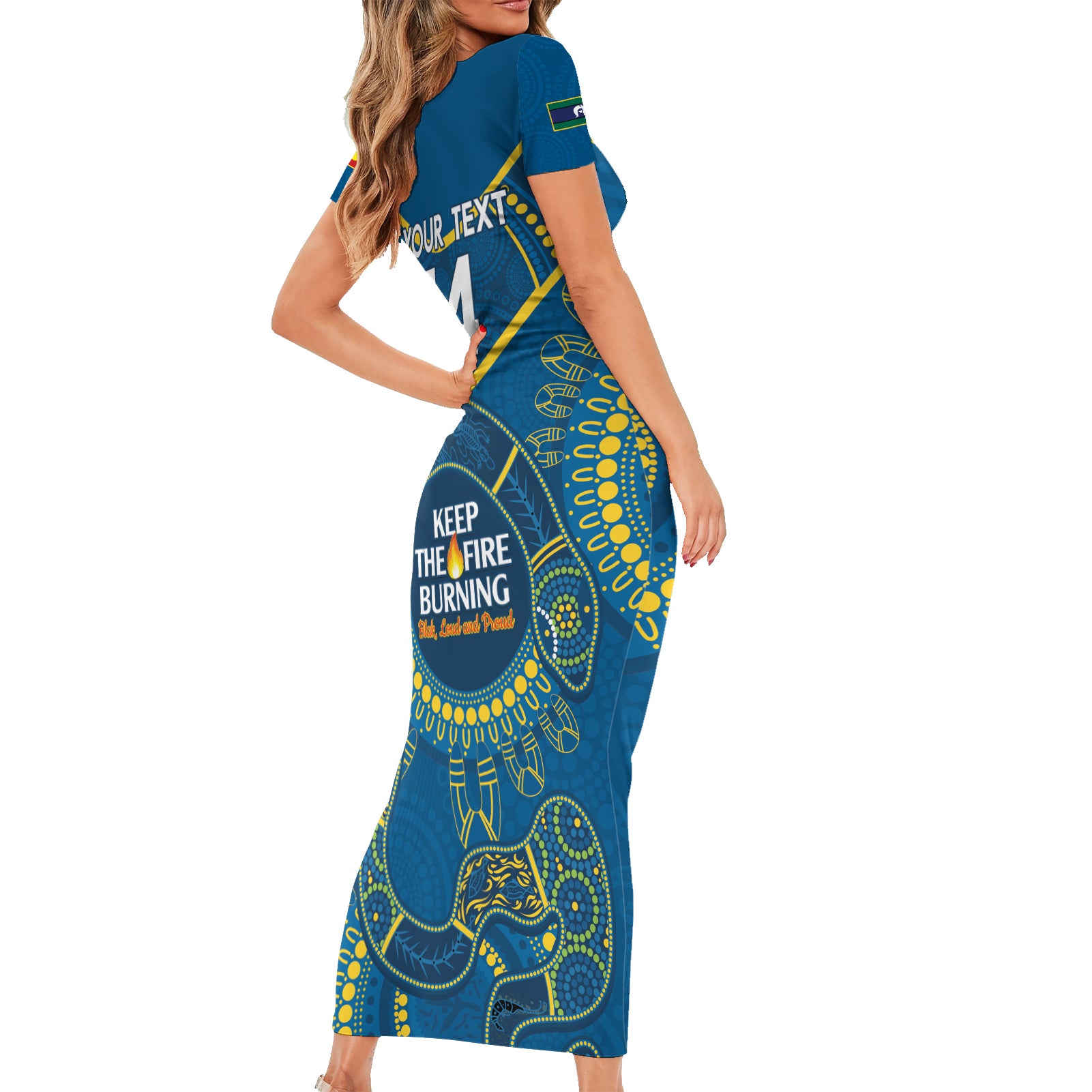 Custom NRL Eels NAIDOC Week Short Sleeve Bodycon Dress Keep The Fire Burning Indigenous Art