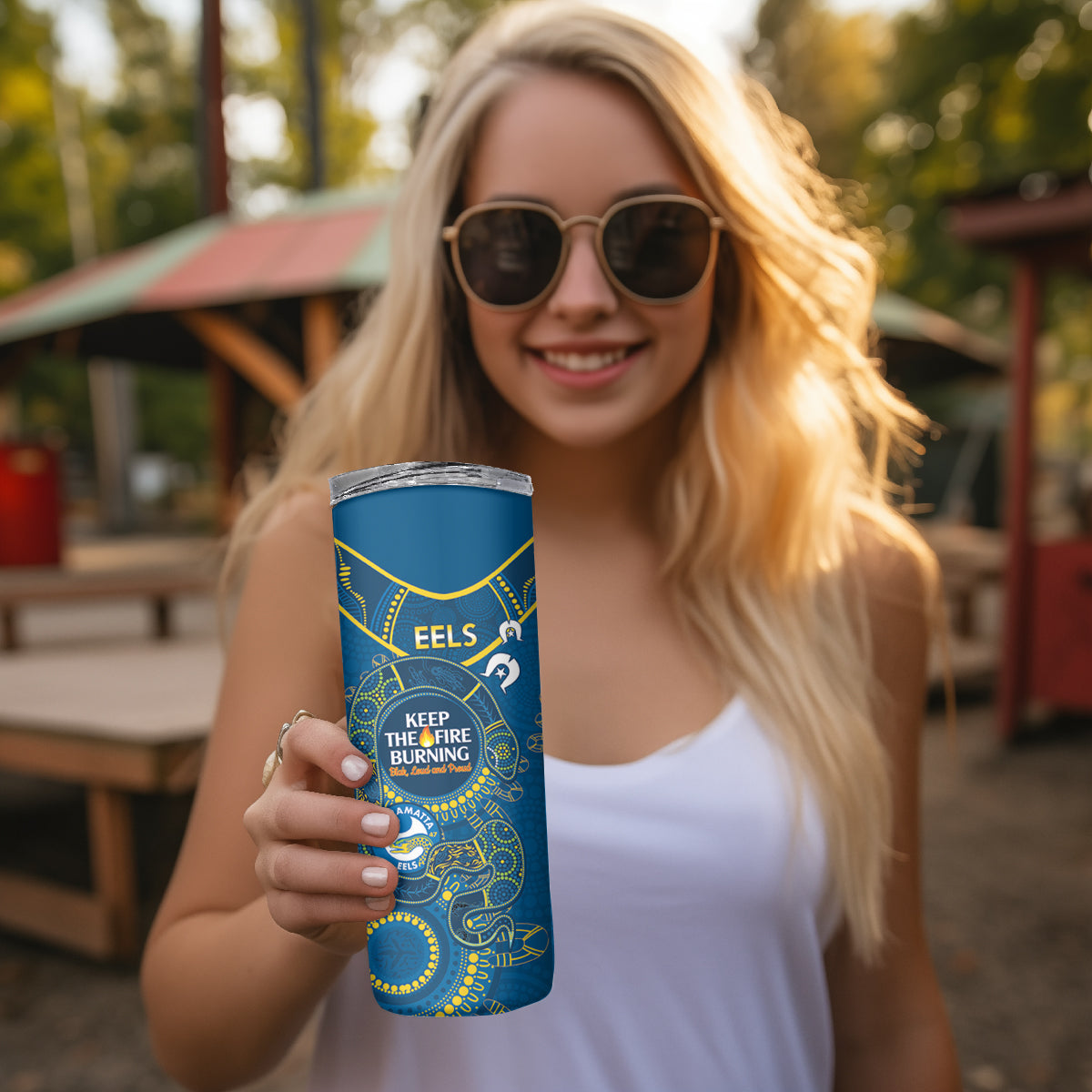 NRL Eels NAIDOC Week Skinny Tumbler Keep The Fire Burning Indigenous Art