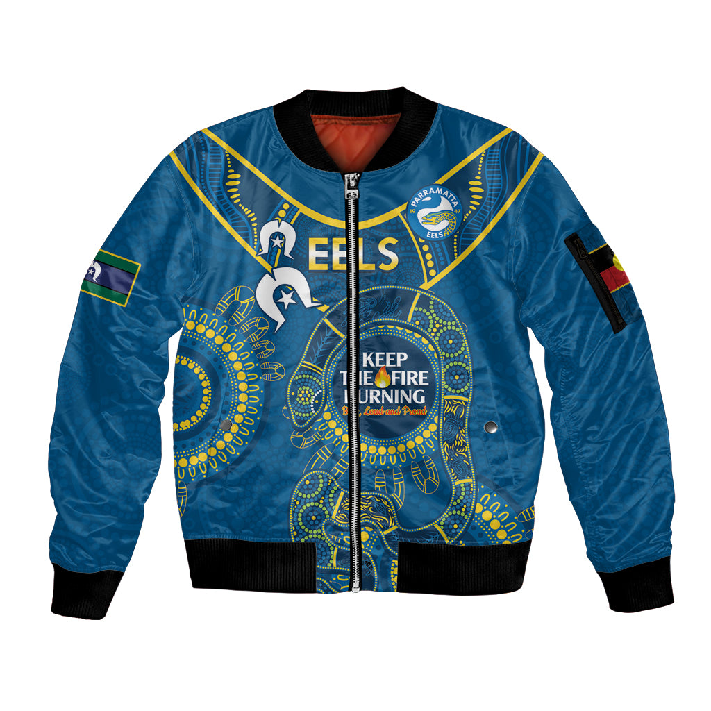 Custom NRL Eels NAIDOC Week Sleeve Zip Bomber Jacket Keep The Fire Burning Indigenous Art