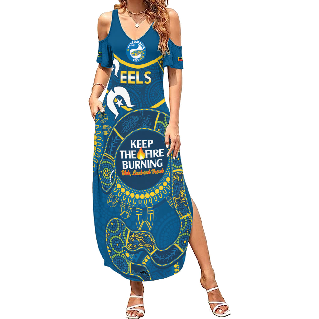 Custom NRL Eels NAIDOC Week Summer Maxi Dress Keep The Fire Burning Indigenous Art