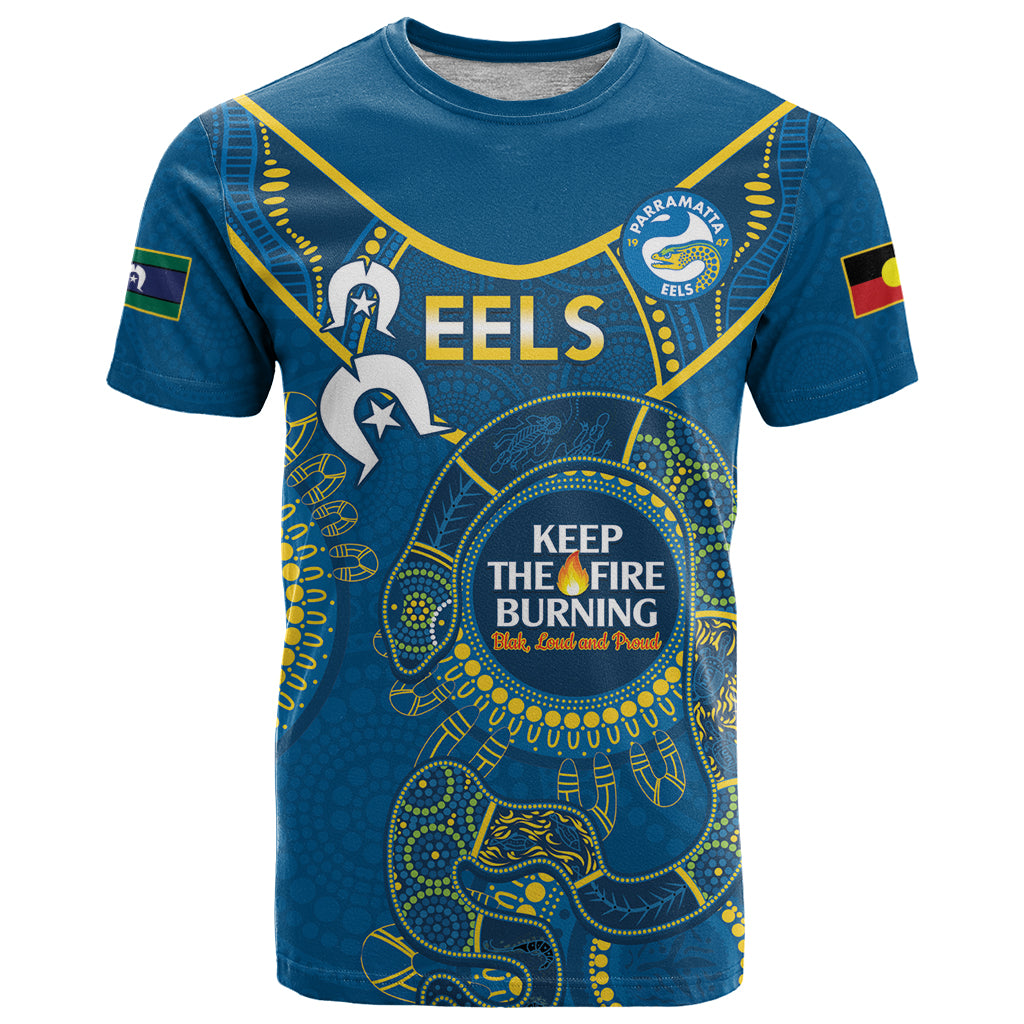 Custom NRL Eels NAIDOC Week T Shirt Keep The Fire Burning Indigenous Art