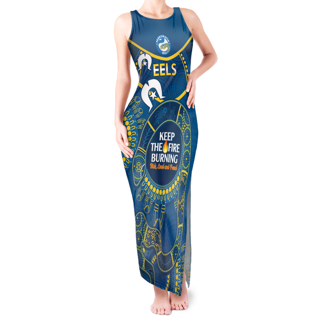 Custom NRL Eels NAIDOC Week Tank Maxi Dress Keep The Fire Burning Indigenous Art