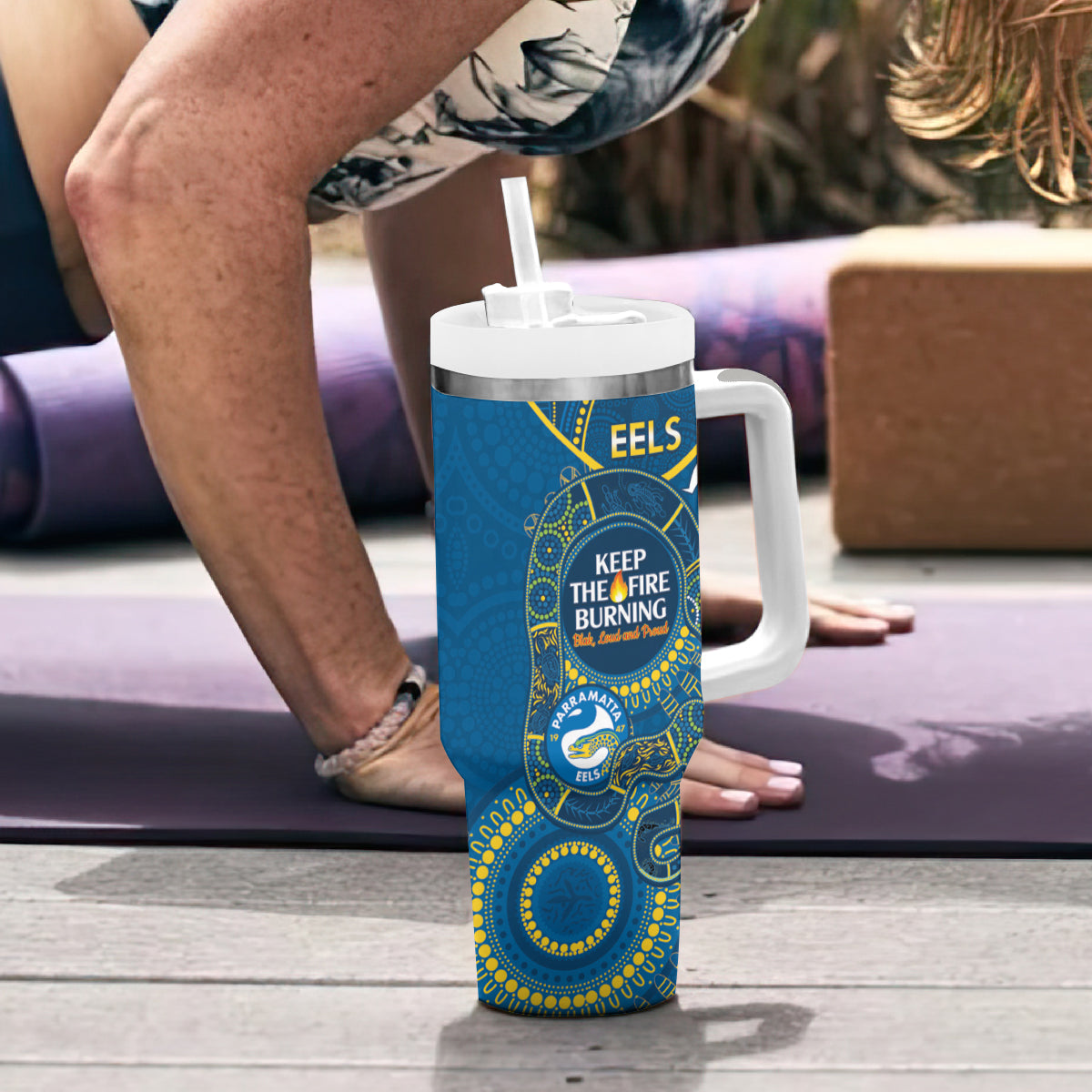 NRL Eels NAIDOC Week Tumbler With Handle Keep The Fire Burning Indigenous Art