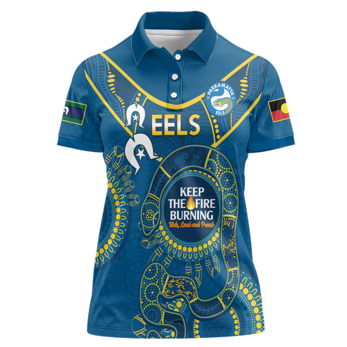 Custom NRL Eels NAIDOC Week Women Polo Shirt Keep The Fire Burning Indigenous Art