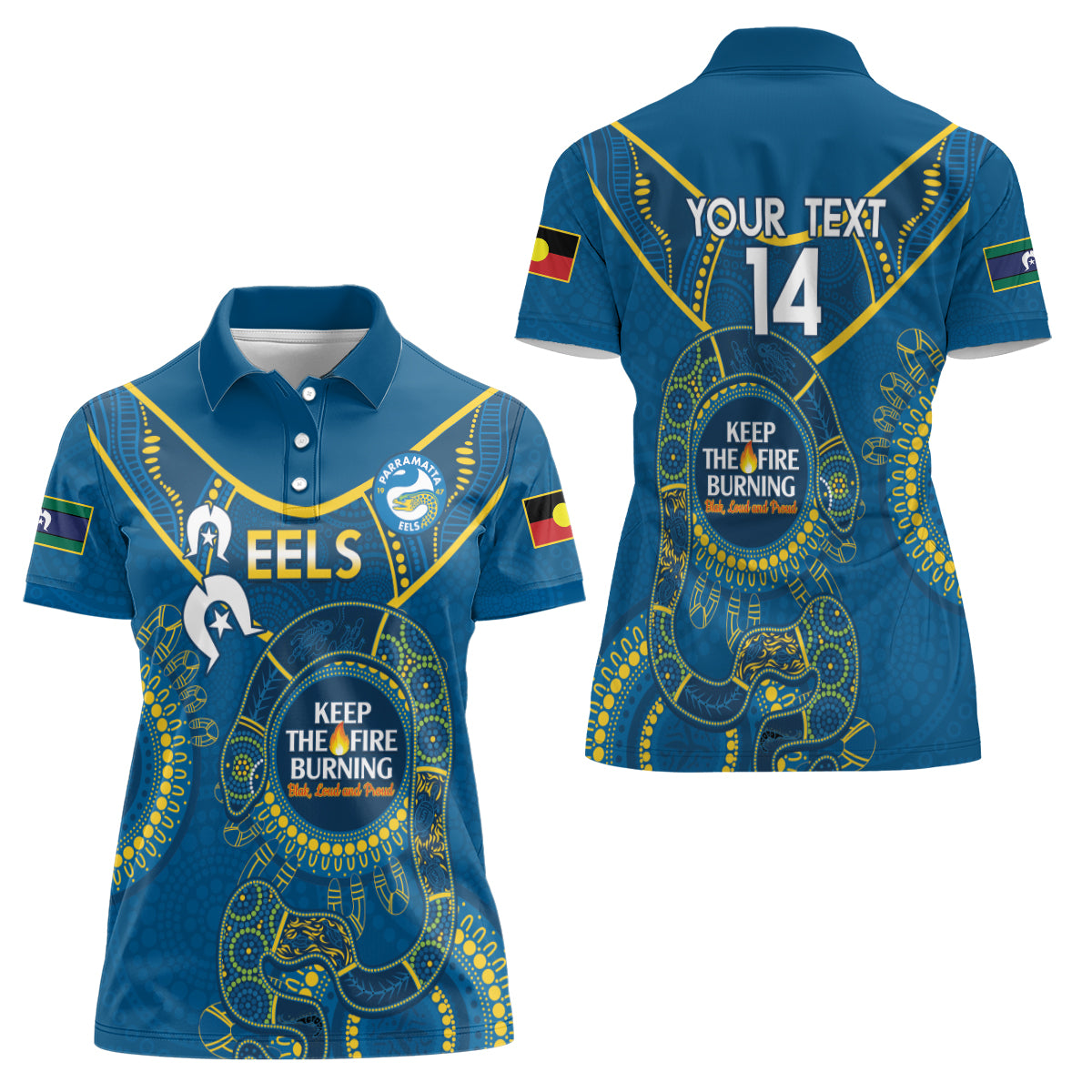 Custom NRL Eels NAIDOC Week Women Polo Shirt Keep The Fire Burning Indigenous Art