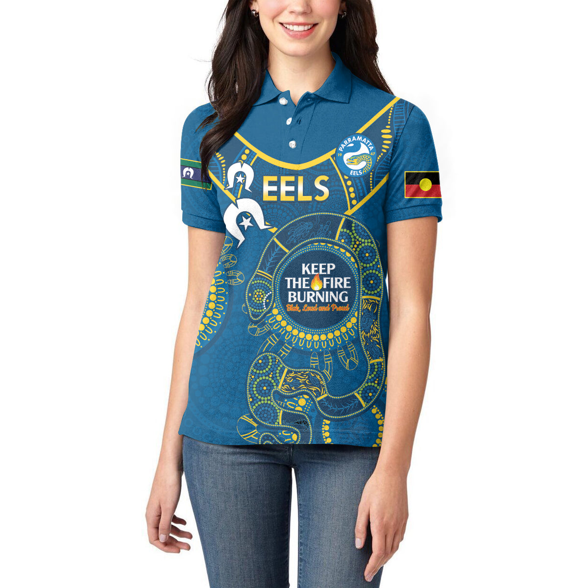 Custom NRL Eels NAIDOC Week Women Polo Shirt Keep The Fire Burning Indigenous Art