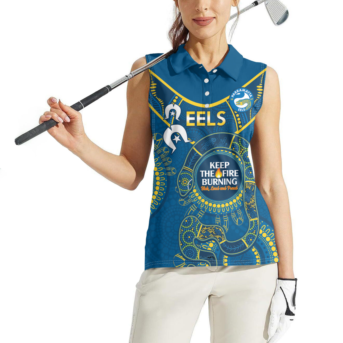 Custom NRL Eels NAIDOC Week Women Sleeveless Polo Shirt Keep The Fire Burning Indigenous Art