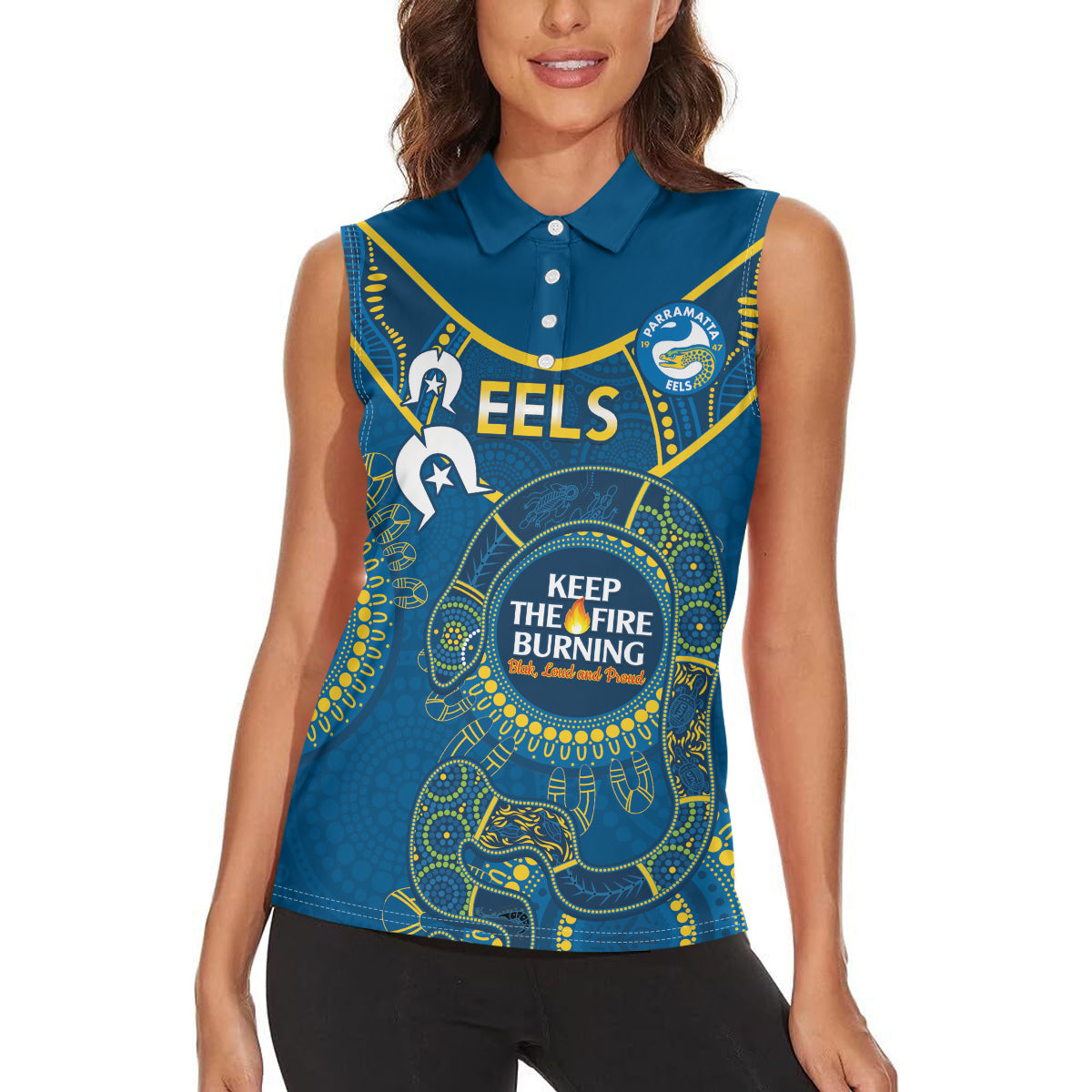 Custom NRL Eels NAIDOC Week Women Sleeveless Polo Shirt Keep The Fire Burning Indigenous Art