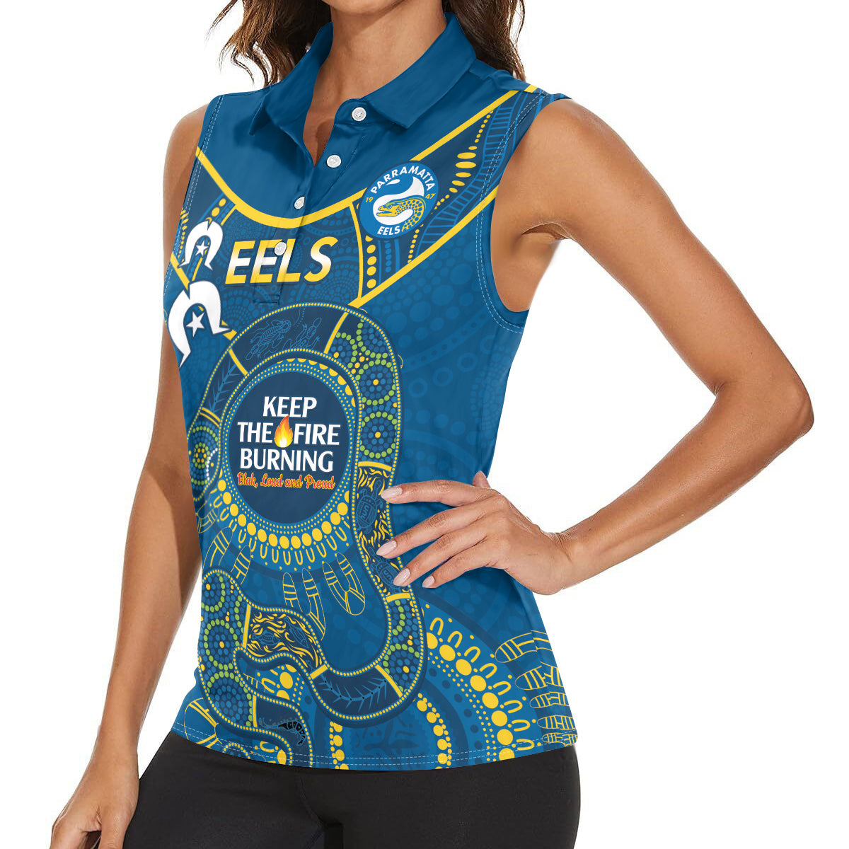 Custom NRL Eels NAIDOC Week Women Sleeveless Polo Shirt Keep The Fire Burning Indigenous Art