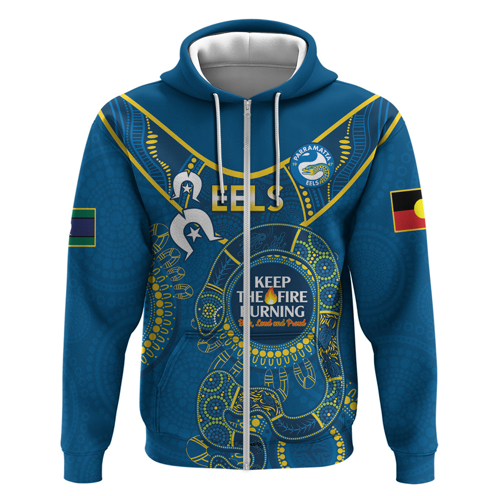 Custom NRL Eels NAIDOC Week Zip Hoodie Keep The Fire Burning Indigenous Art