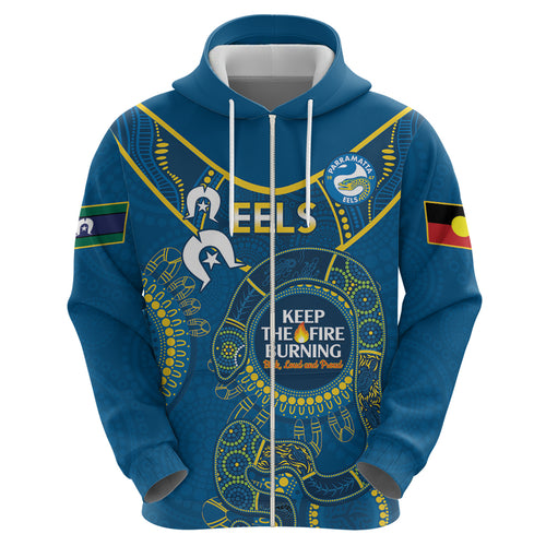 Custom NRL Eels NAIDOC Week Zip Hoodie Keep The Fire Burning Indigenous Art