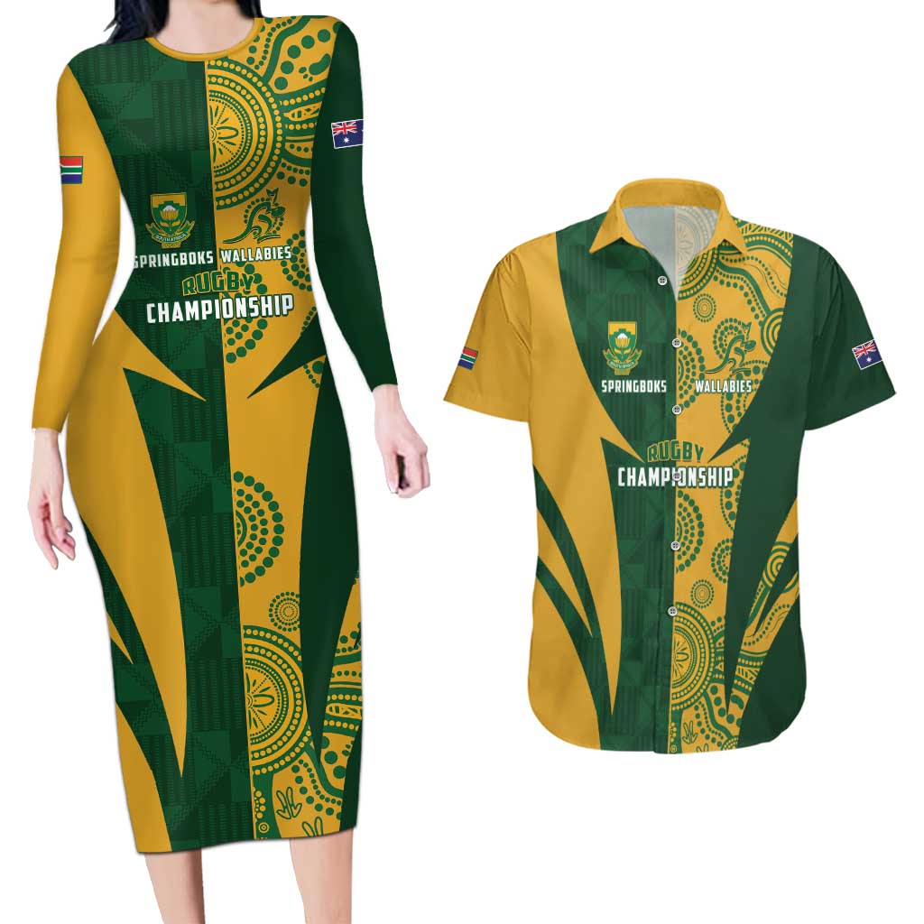 South Africa Australia Rugby Custom Couples Matching Long Sleeve Bodycon Dress and Hawaiian Shirt Springboks Wallabies Together - Aussie Hoodie