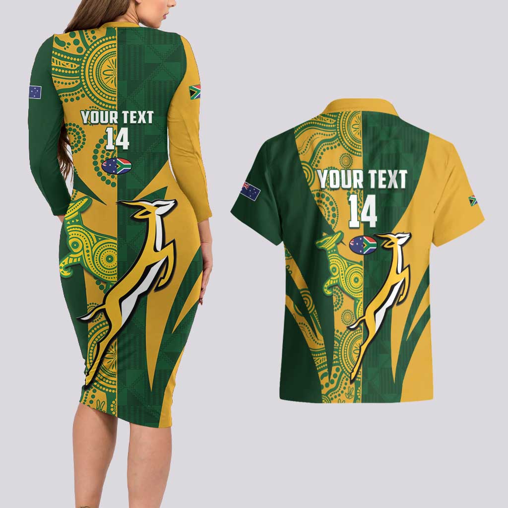 South Africa Australia Rugby Custom Couples Matching Long Sleeve Bodycon Dress and Hawaiian Shirt Springboks Wallabies Together - Aussie Hoodie