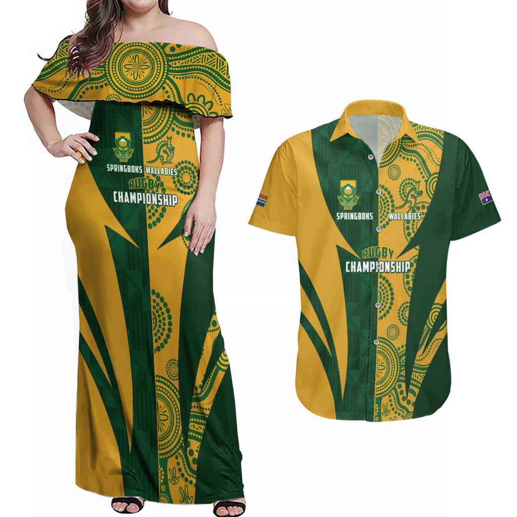 South Africa Australia Rugby Custom Couples Matching Off Shoulder Maxi Dress and Hawaiian Shirt Springboks Wallabies Together - Aussie Hoodie