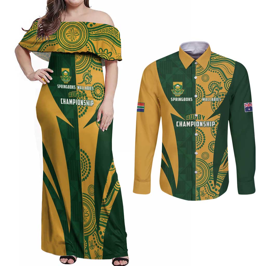 South Africa Australia Rugby Custom Couples Matching Off Shoulder Maxi Dress and Long Sleeve Button Shirt Springboks Wallabies Together - Aussie Hoodie