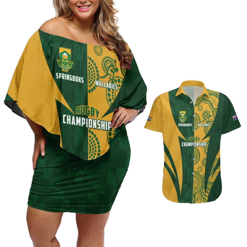 South Africa Australia Rugby Custom Couples Matching Off Shoulder Short Dress and Hawaiian Shirt Springboks Wallabies Together - Aussie Hoodie