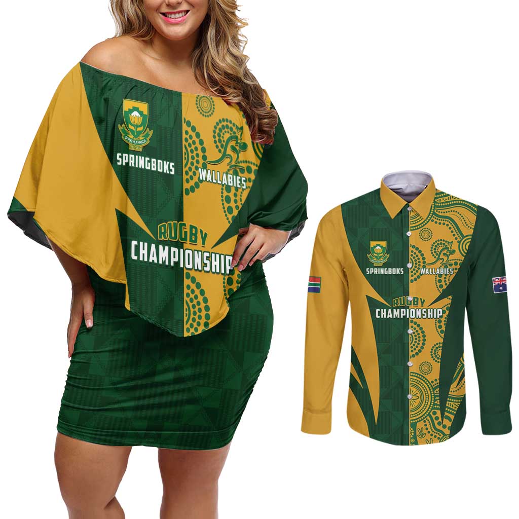 South Africa Australia Rugby Custom Couples Matching Off Shoulder Short Dress and Long Sleeve Button Shirt Springboks Wallabies Together - Aussie Hoodie
