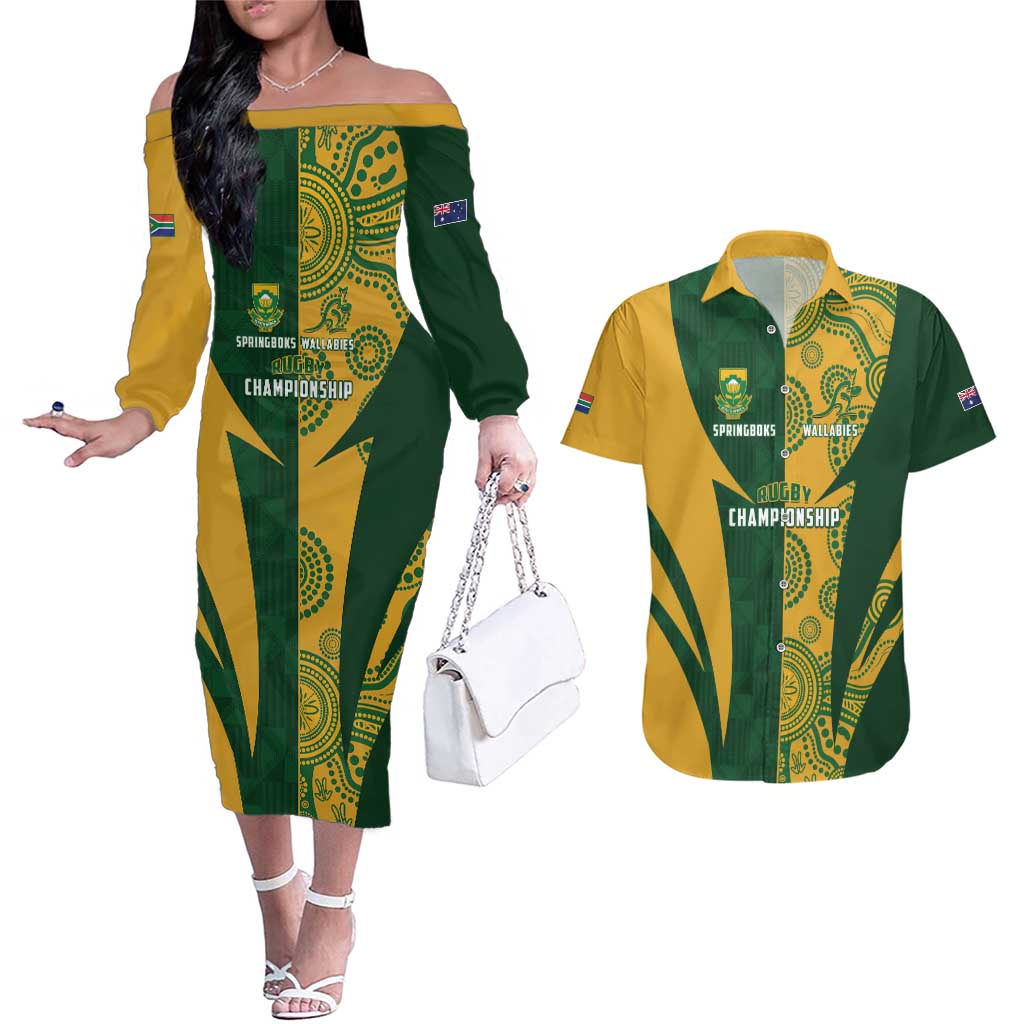 South Africa Australia Rugby Custom Couples Matching Off The Shoulder Long Sleeve Dress and Hawaiian Shirt Springboks Wallabies Together - Aussie Hoodie