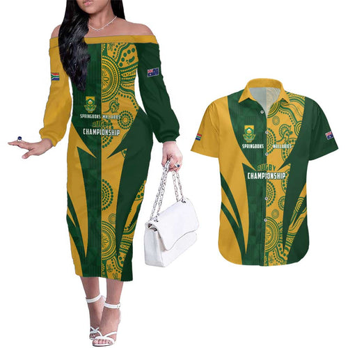 South Africa Australia Rugby Custom Couples Matching Off The Shoulder Long Sleeve Dress and Hawaiian Shirt Springboks Wallabies Together - Aussie Hoodie