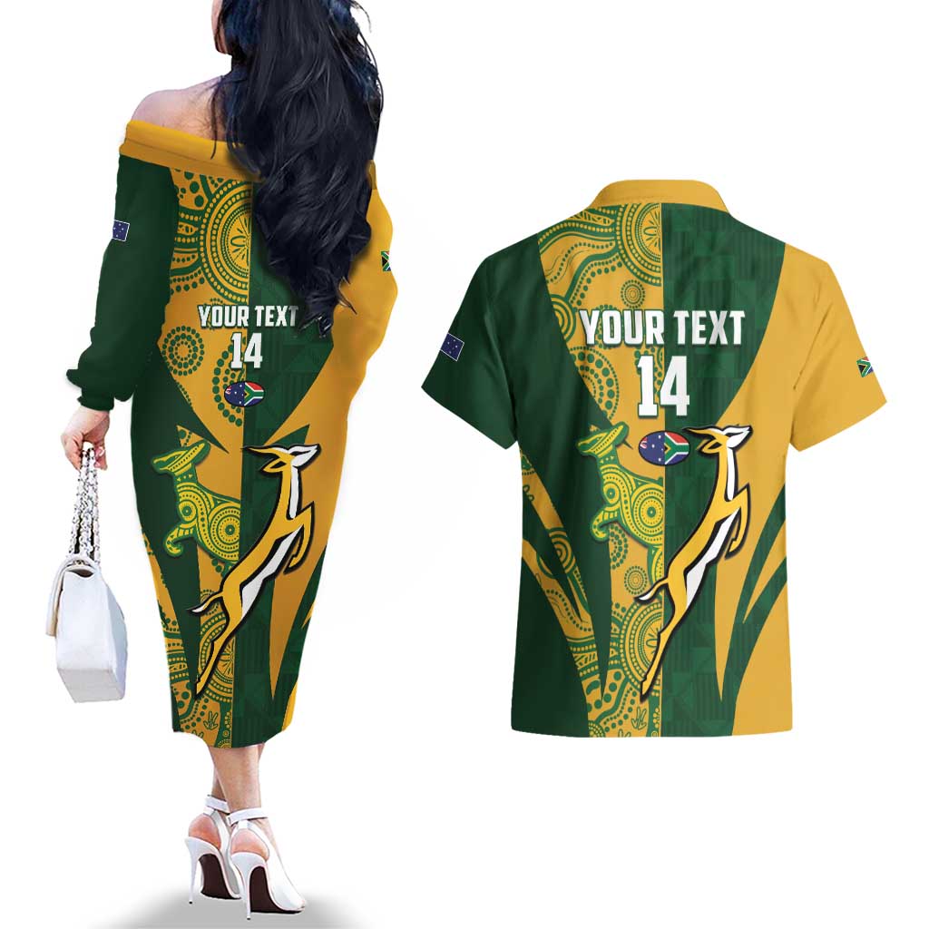 South Africa Australia Rugby Custom Couples Matching Off The Shoulder Long Sleeve Dress and Hawaiian Shirt Springboks Wallabies Together - Aussie Hoodie