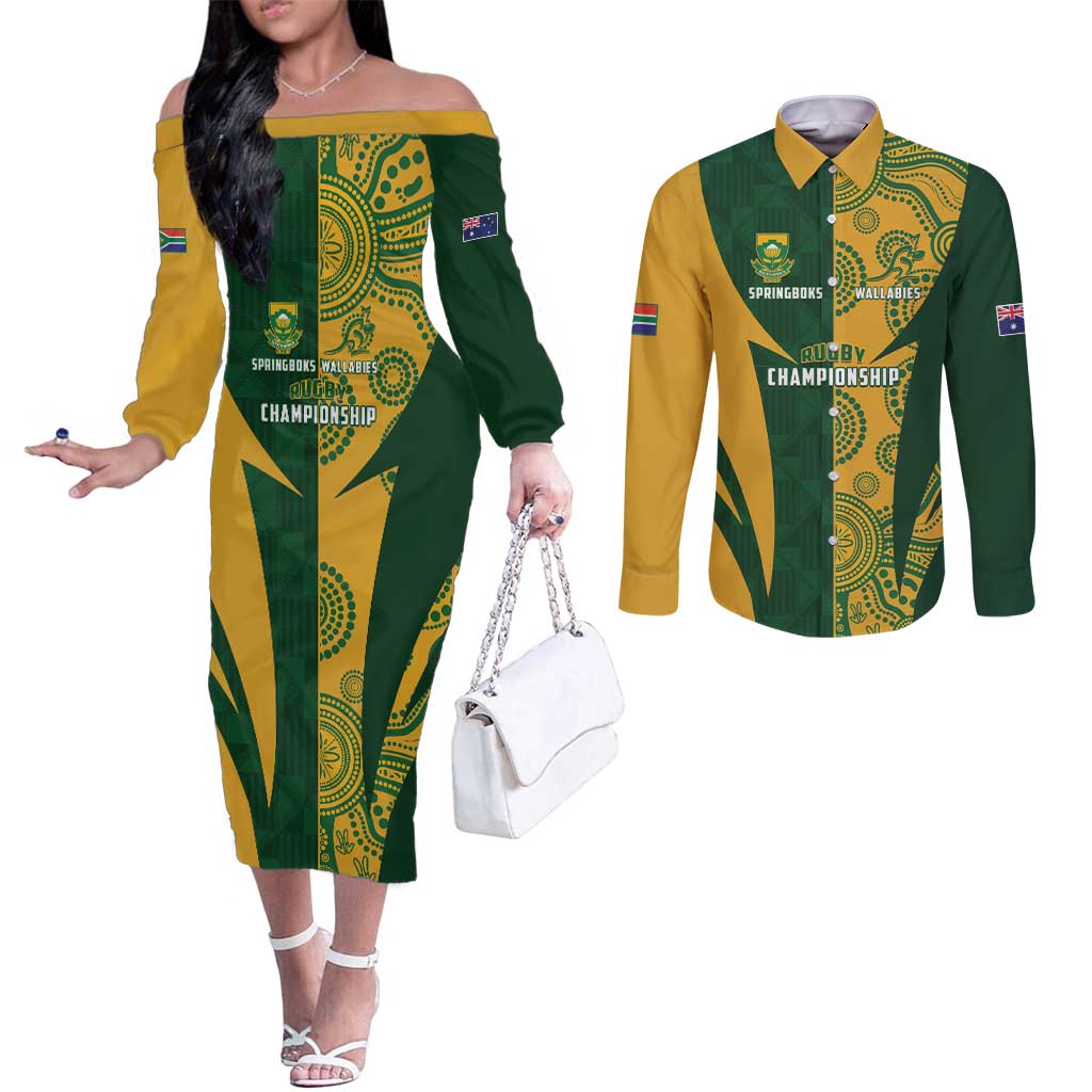 South Africa Australia Rugby Custom Couples Matching Off The Shoulder Long Sleeve Dress and Long Sleeve Button Shirt Springboks Wallabies Together - Aussie Hoodie