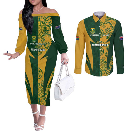 South Africa Australia Rugby Custom Couples Matching Off The Shoulder Long Sleeve Dress and Long Sleeve Button Shirt Springboks Wallabies Together - Aussie Hoodie