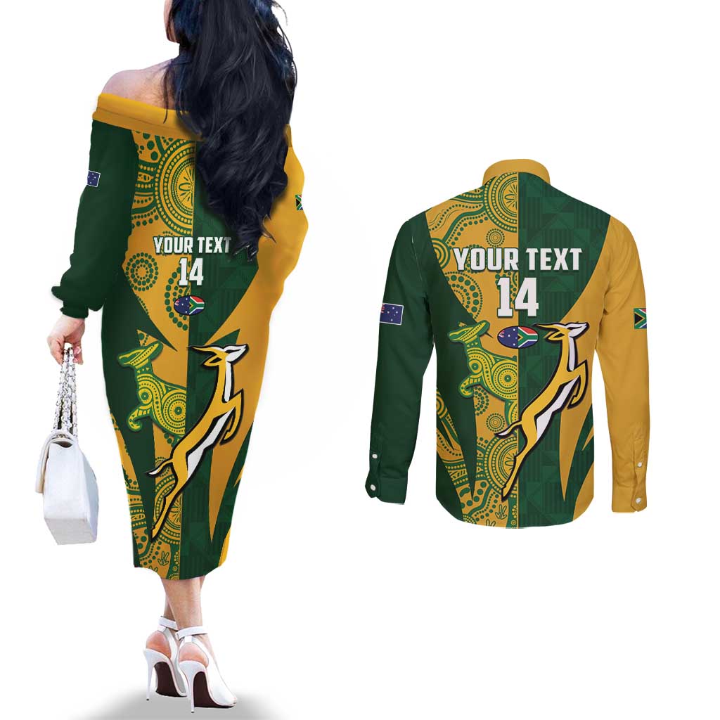 South Africa Australia Rugby Custom Couples Matching Off The Shoulder Long Sleeve Dress and Long Sleeve Button Shirt Springboks Wallabies Together - Aussie Hoodie