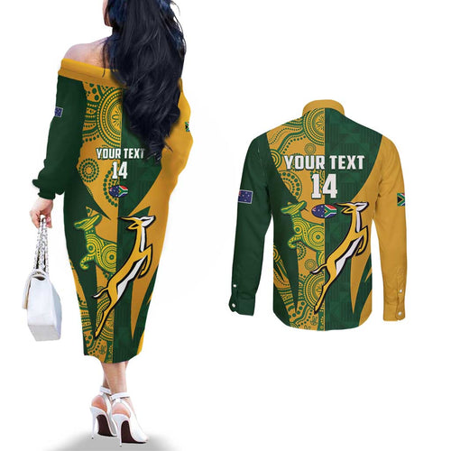 South Africa Australia Rugby Custom Couples Matching Off The Shoulder Long Sleeve Dress and Long Sleeve Button Shirt Springboks Wallabies Together - Aussie Hoodie