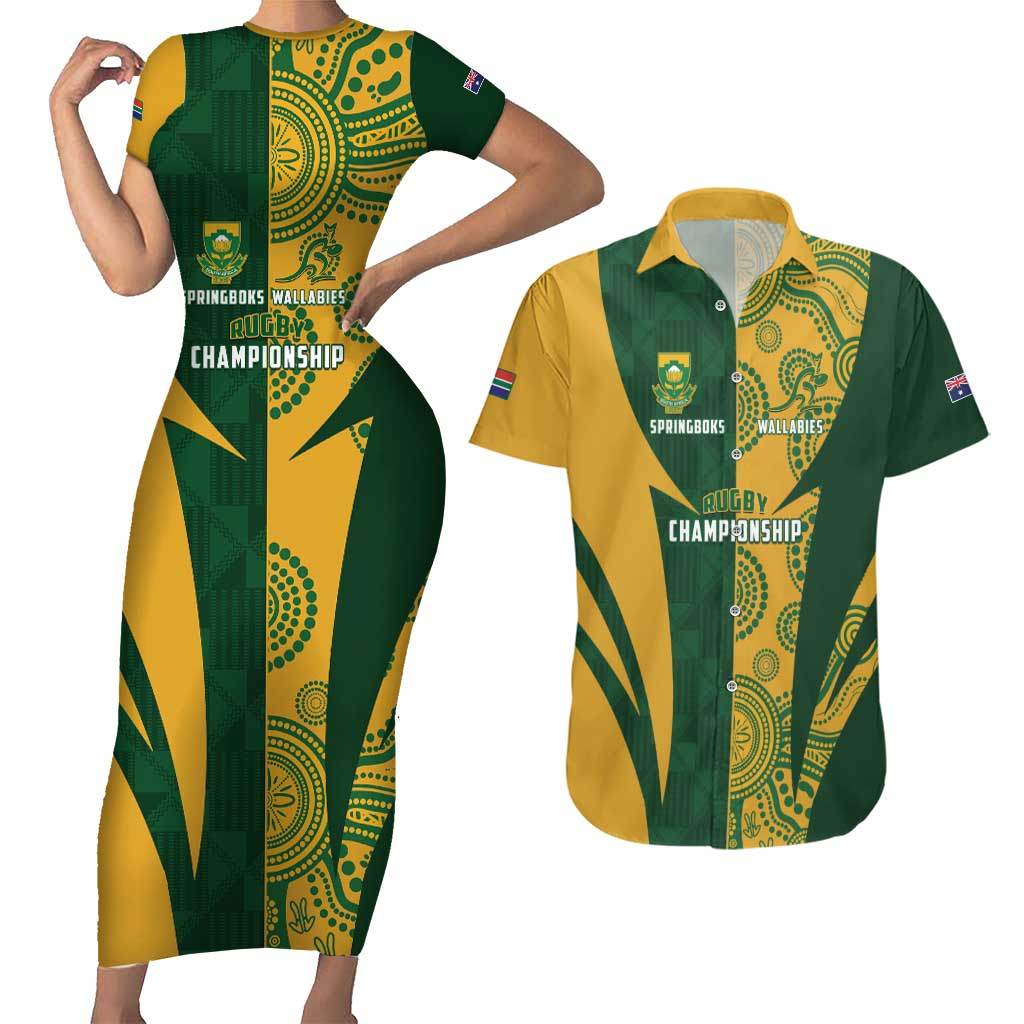 South Africa Australia Rugby Custom Couples Matching Short Sleeve Bodycon Dress and Hawaiian Shirt Springboks Wallabies Together - Aussie Hoodie