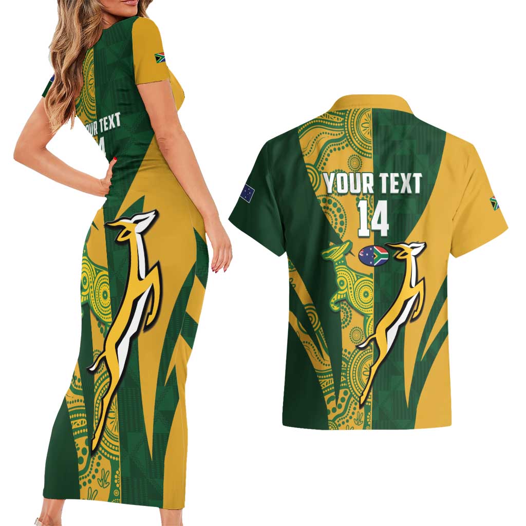South Africa Australia Rugby Custom Couples Matching Short Sleeve Bodycon Dress and Hawaiian Shirt Springboks Wallabies Together - Aussie Hoodie