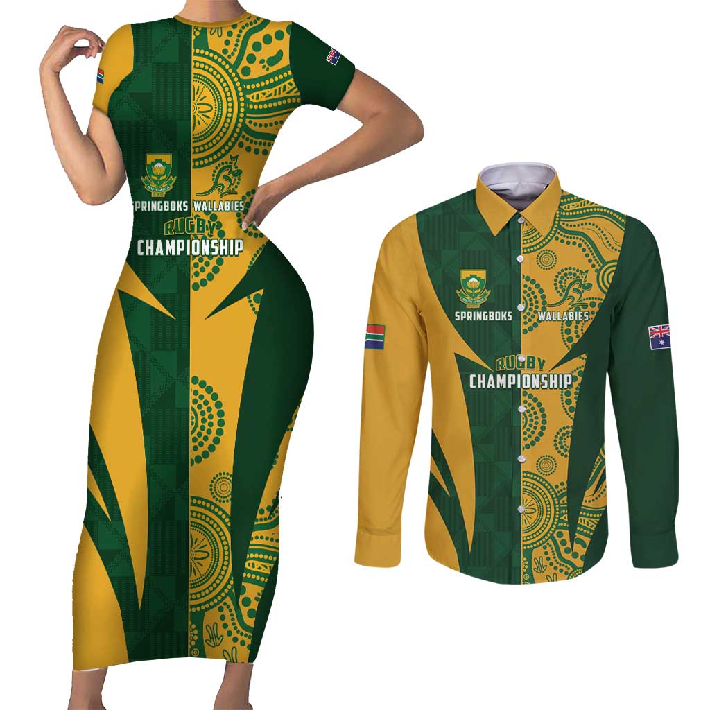 South Africa Australia Rugby Custom Couples Matching Short Sleeve Bodycon Dress and Long Sleeve Button Shirt Springboks Wallabies Together - Aussie Hoodie