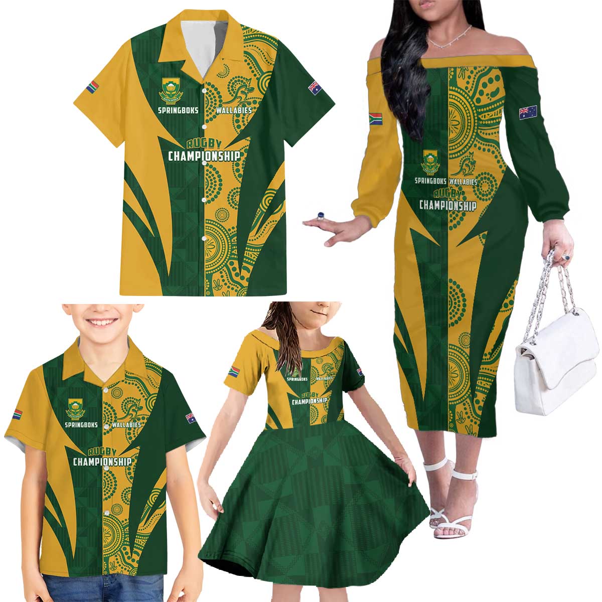 South Africa Australia Rugby Custom Family Matching Off The Shoulder Long Sleeve Dress and Hawaiian Shirt Springboks Wallabies Together - Aussie Hoodie