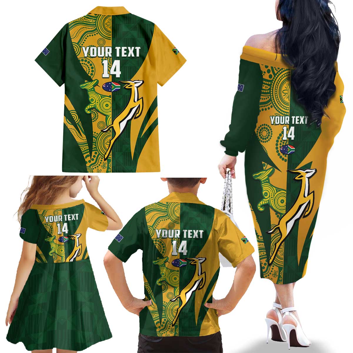South Africa Australia Rugby Custom Family Matching Off The Shoulder Long Sleeve Dress and Hawaiian Shirt Springboks Wallabies Together - Aussie Hoodie