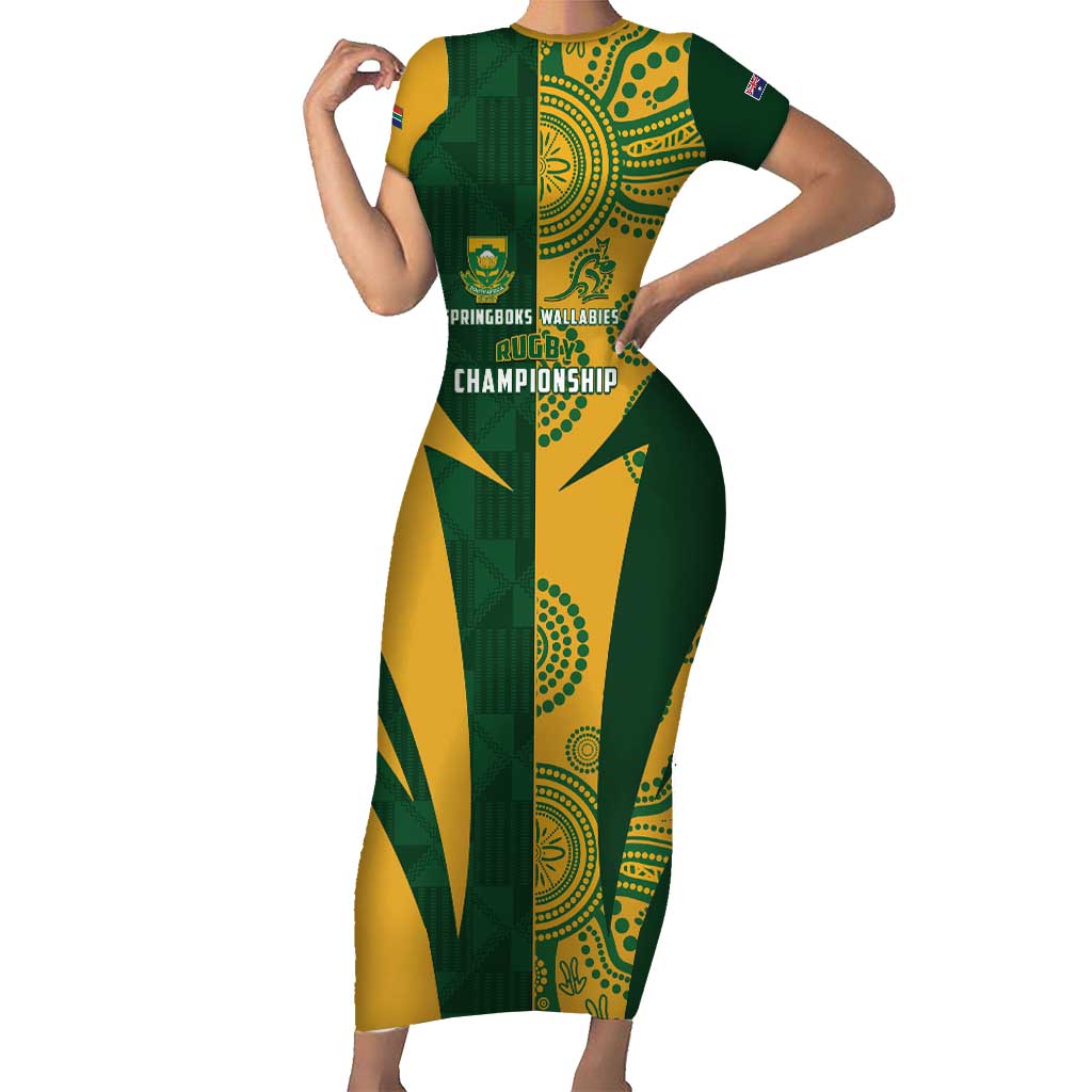 South Africa Australia Rugby Custom Family Matching Short Sleeve Bodycon Dress and Hawaiian Shirt Springboks Wallabies Together - Aussie Hoodie