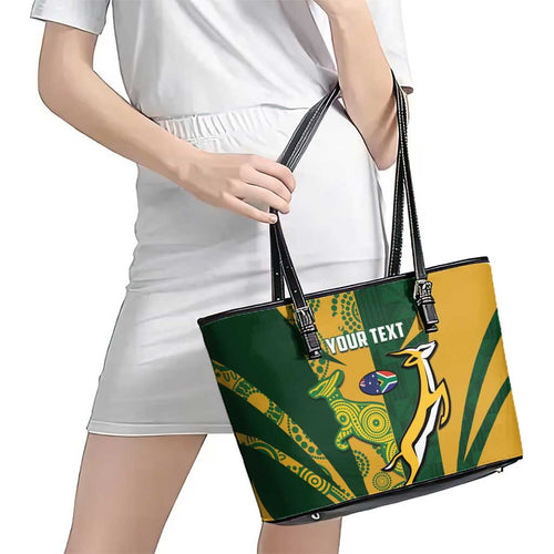 South Africa Australia Rugby Custom Leather Tote Bag Springboks Wallabies Together - Aussie Hoodie