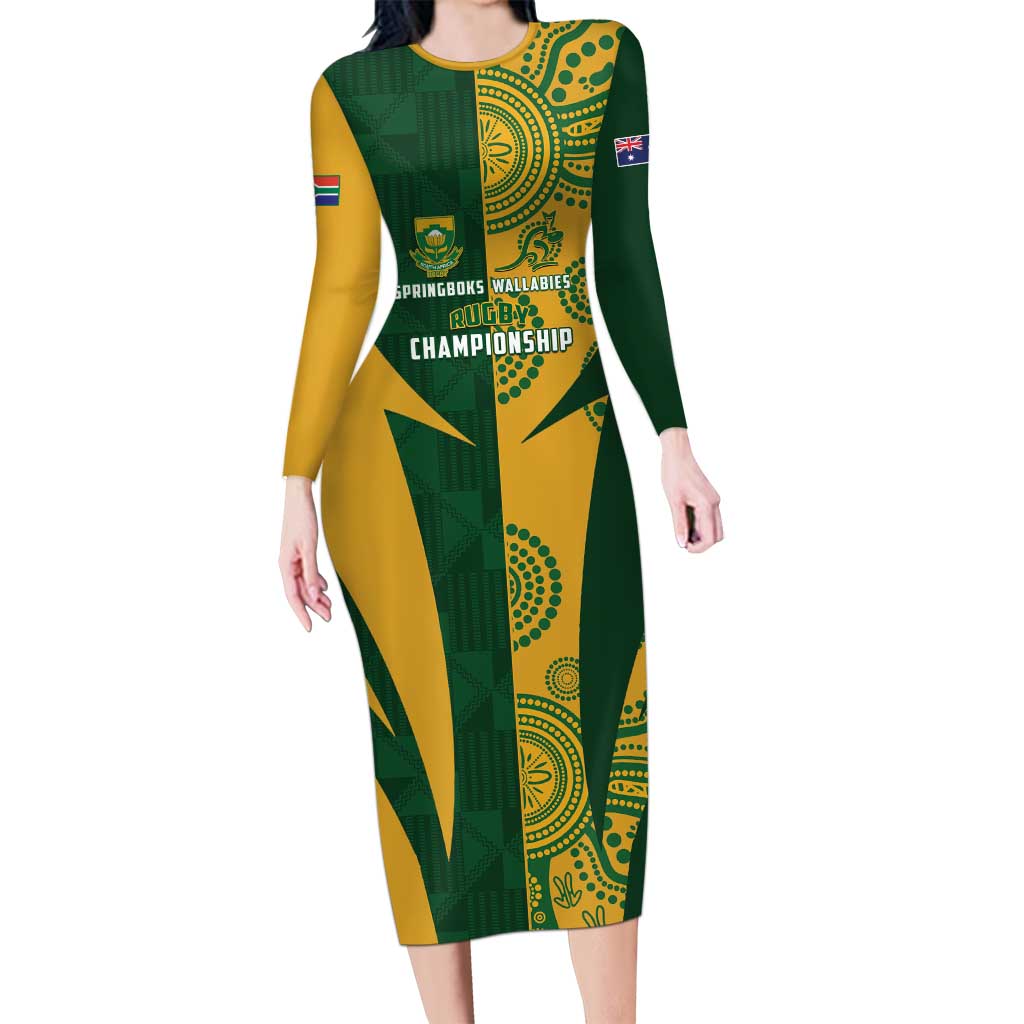 South Africa Australia Rugby Custom Long Sleeve Bodycon Dress Springboks Wallabies Together - Aussie Hoodie