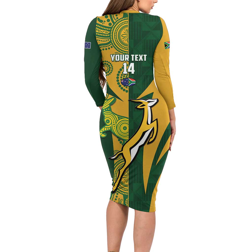 South Africa Australia Rugby Custom Long Sleeve Bodycon Dress Springboks Wallabies Together - Aussie Hoodie