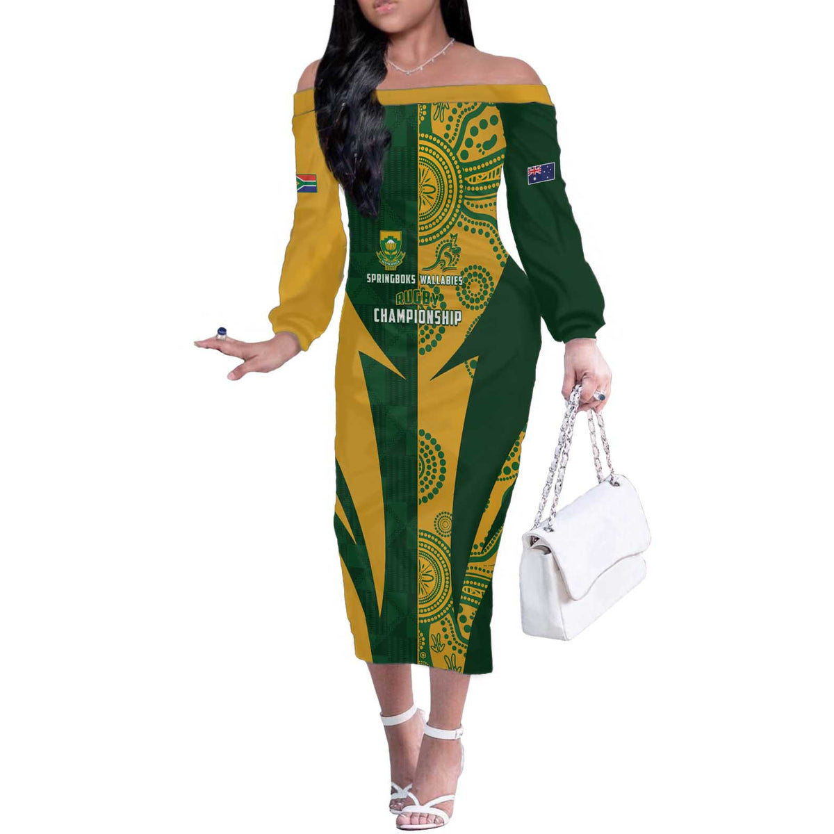 South Africa Australia Rugby Custom Off The Shoulder Long Sleeve Dress Springboks Wallabies Together - Aussie Hoodie
