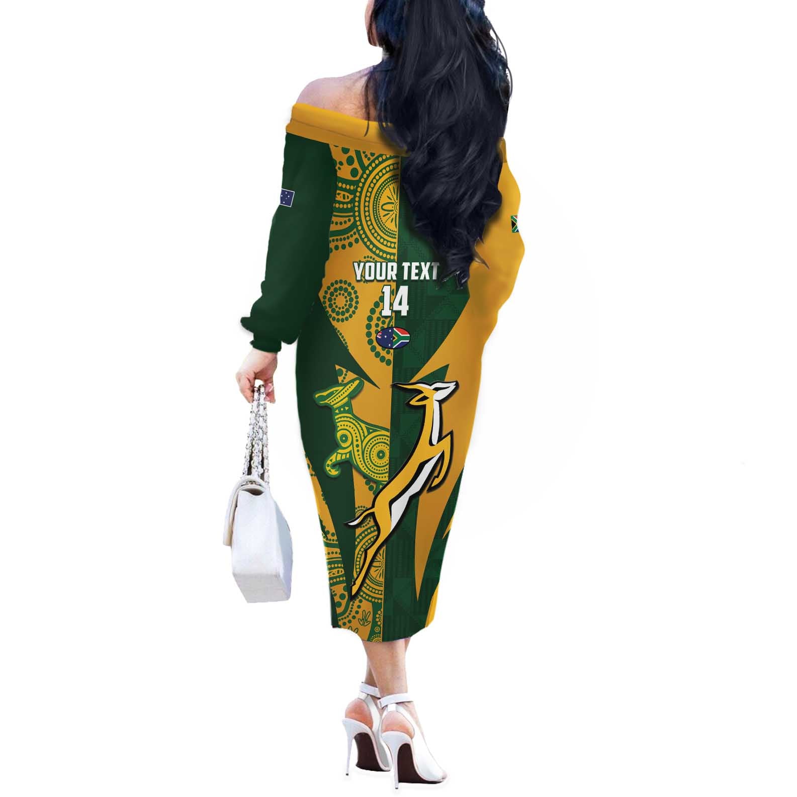 South Africa Australia Rugby Custom Off The Shoulder Long Sleeve Dress Springboks Wallabies Together - Aussie Hoodie