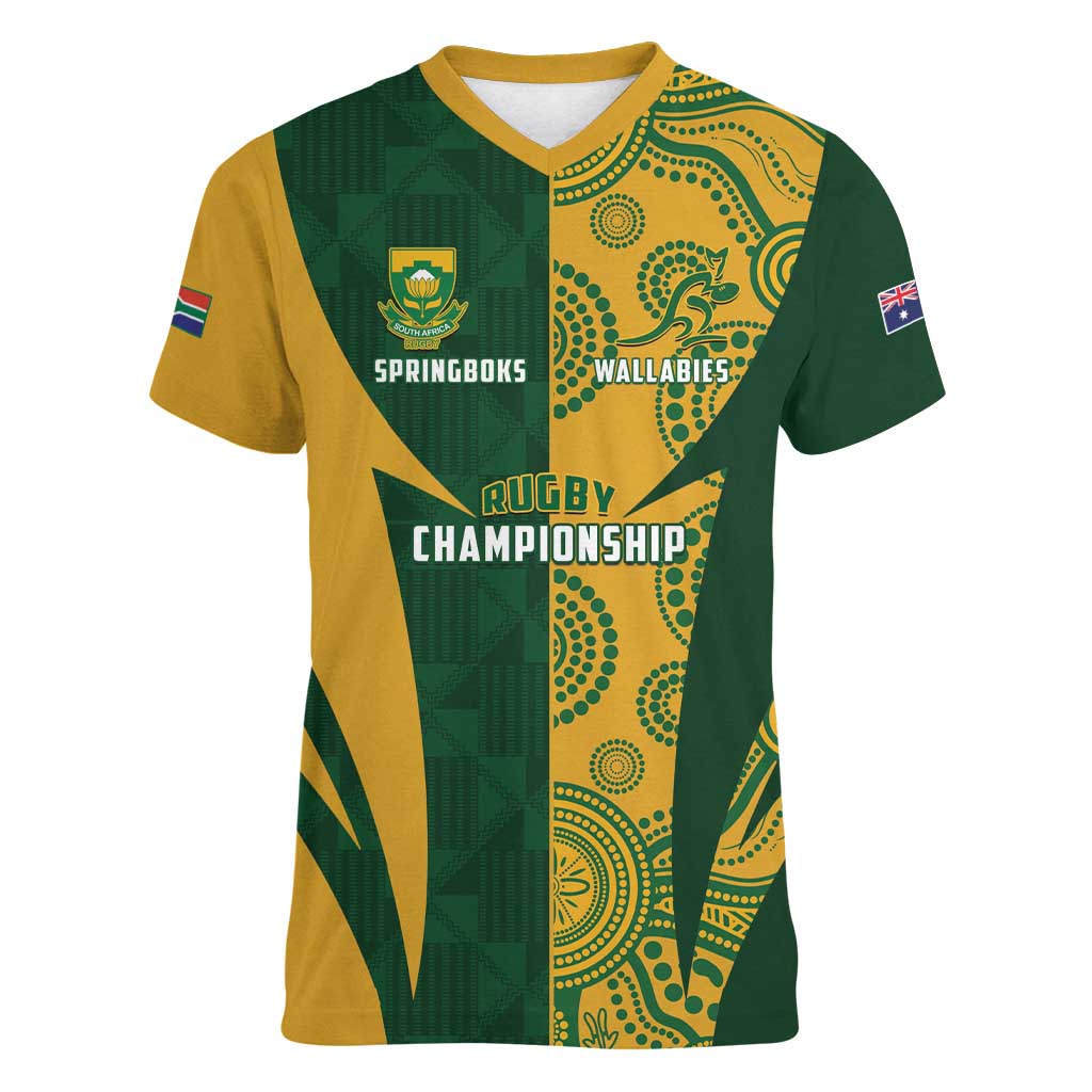 South Africa Australia Rugby Custom Women V-Neck T-Shirt Springboks Wallabies Together - Aussie Hoodie
